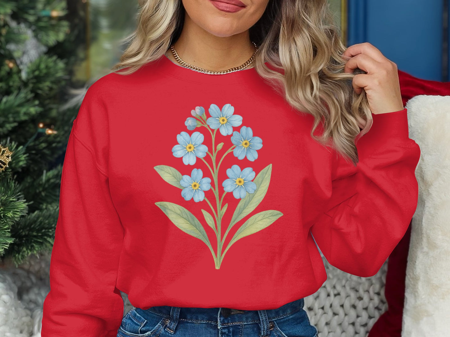 Beautiful Blue Floral Design on Red Shirt product