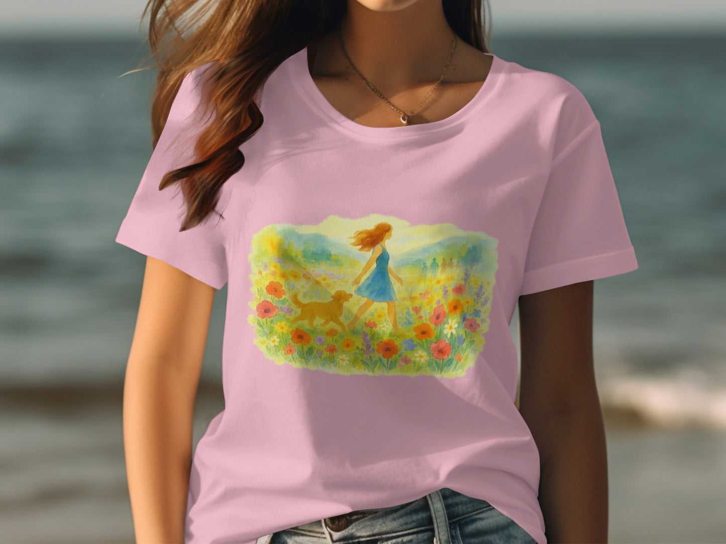 Summer Vibes Woman with Dog Art Design T-Shirt product type