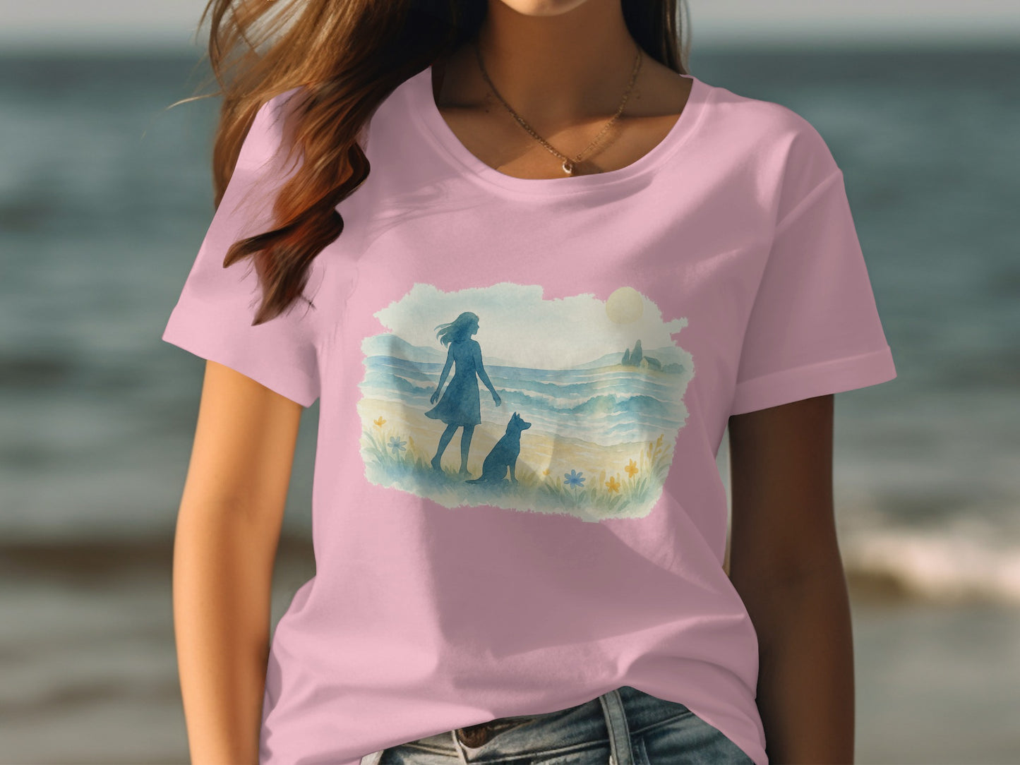 Woman and Dog Seaside Scene Print Tee product