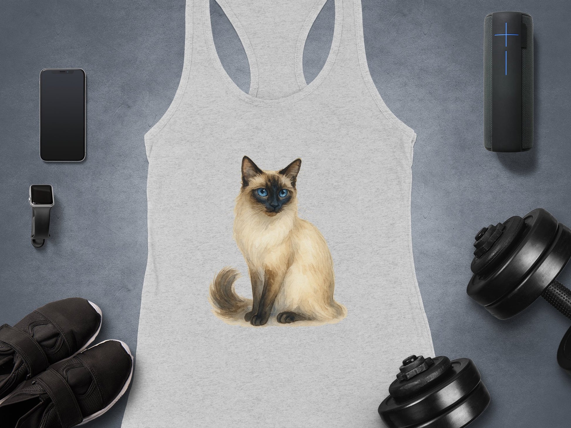 Stylish Gray Tank Top with Siamese Cat Print product type