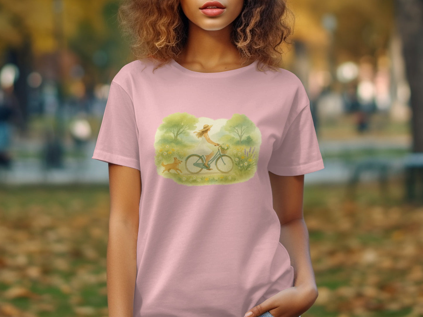 Biking Woman and Dog Printed Pink T-shirt product