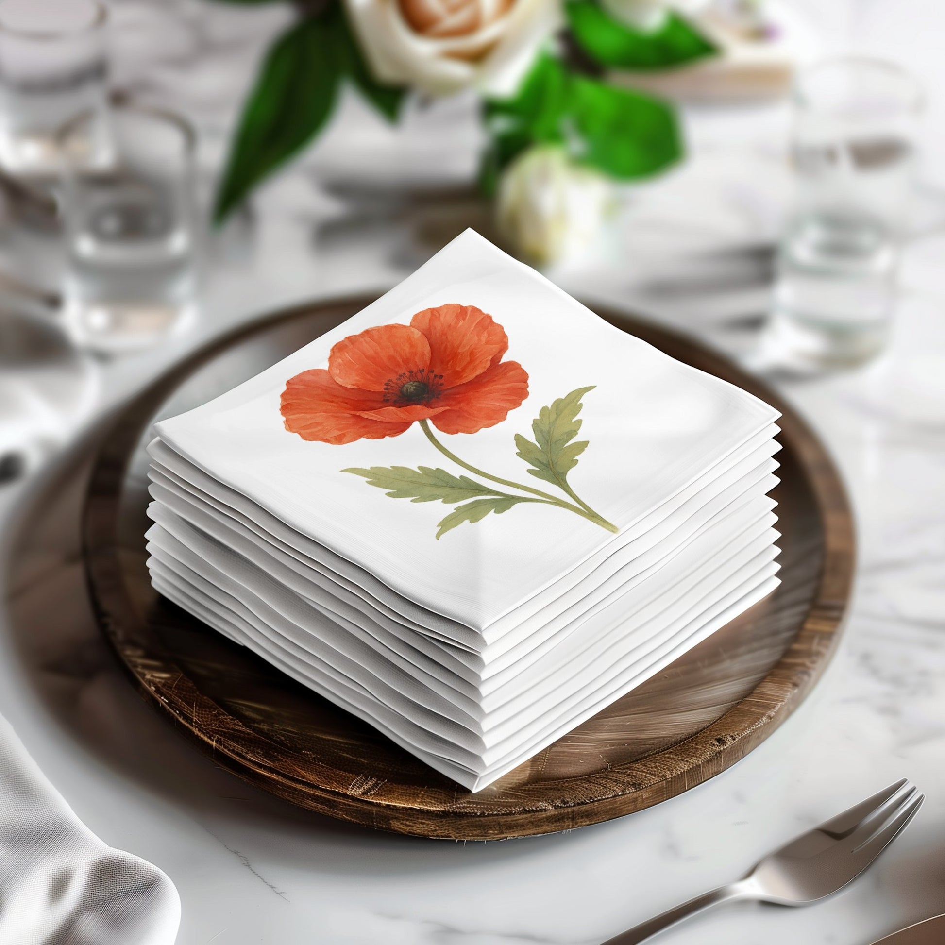 Red Flower with Green Leaves Printed Napkin product type
