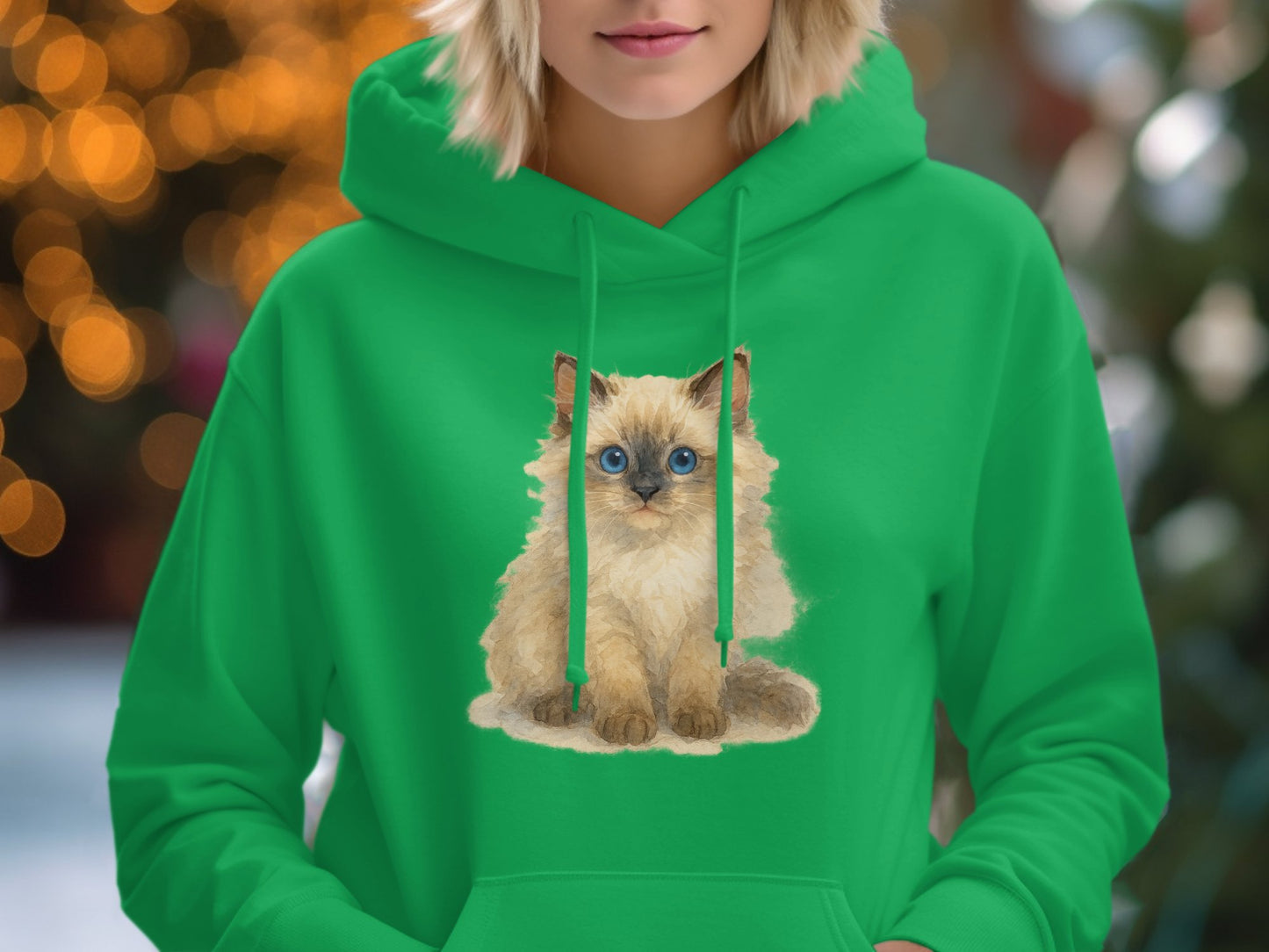 Stylish Green Hoodie with Adorable Cat Print Hoodie