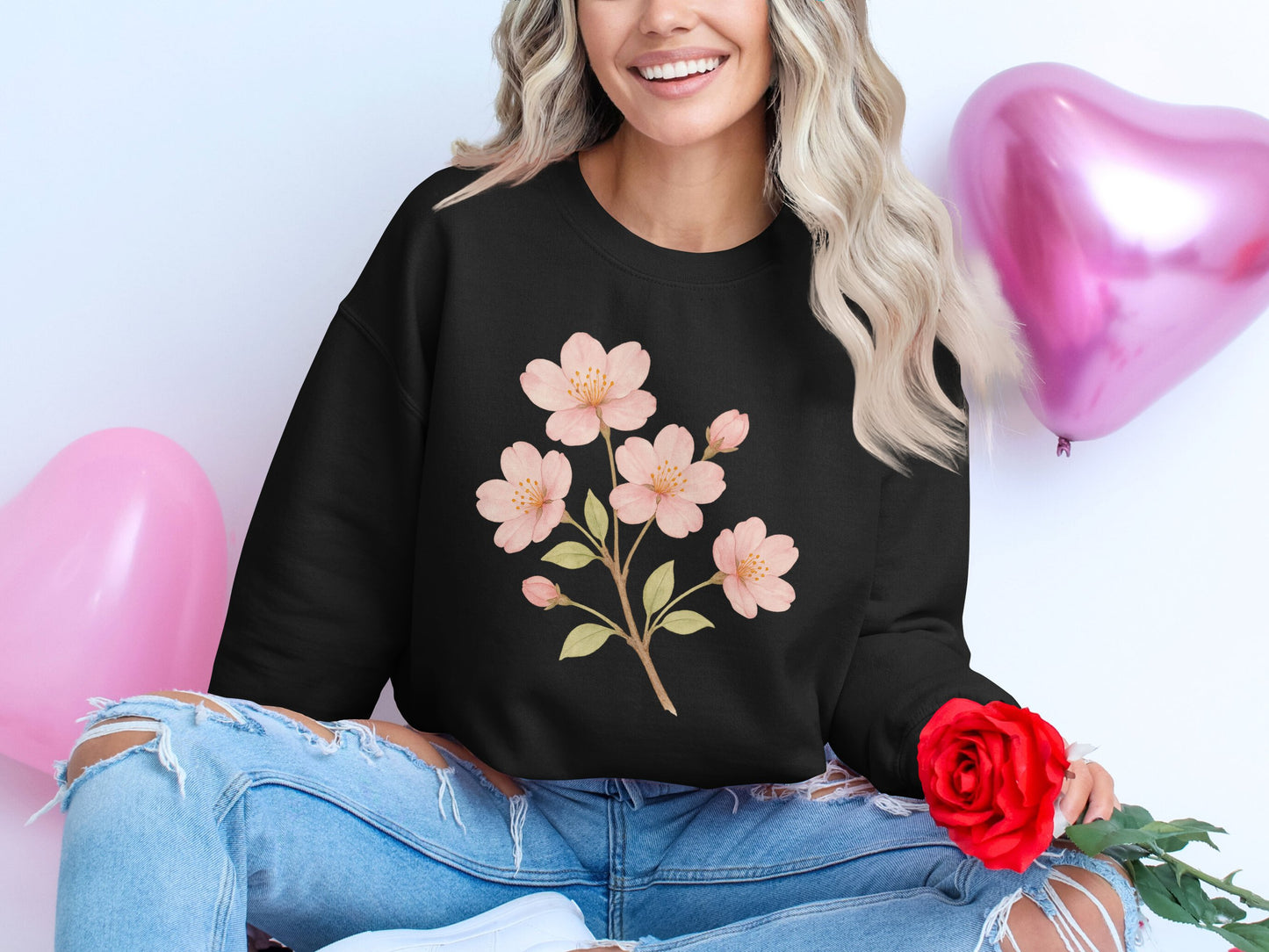 Floral Blossom Printed Black Pullover Sweatshirt product type