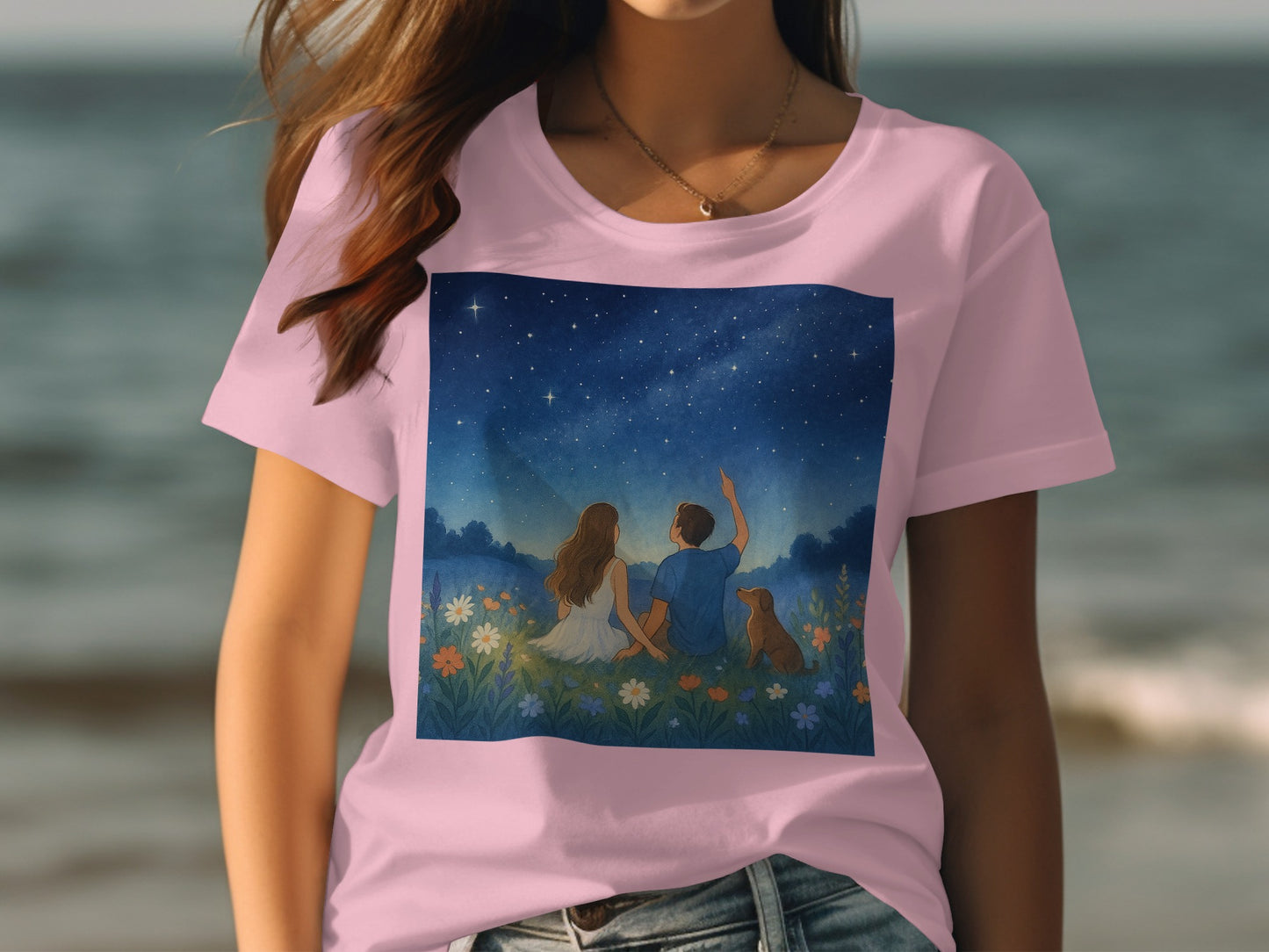 Starry Night Beach Scene Print T-Shirt product type