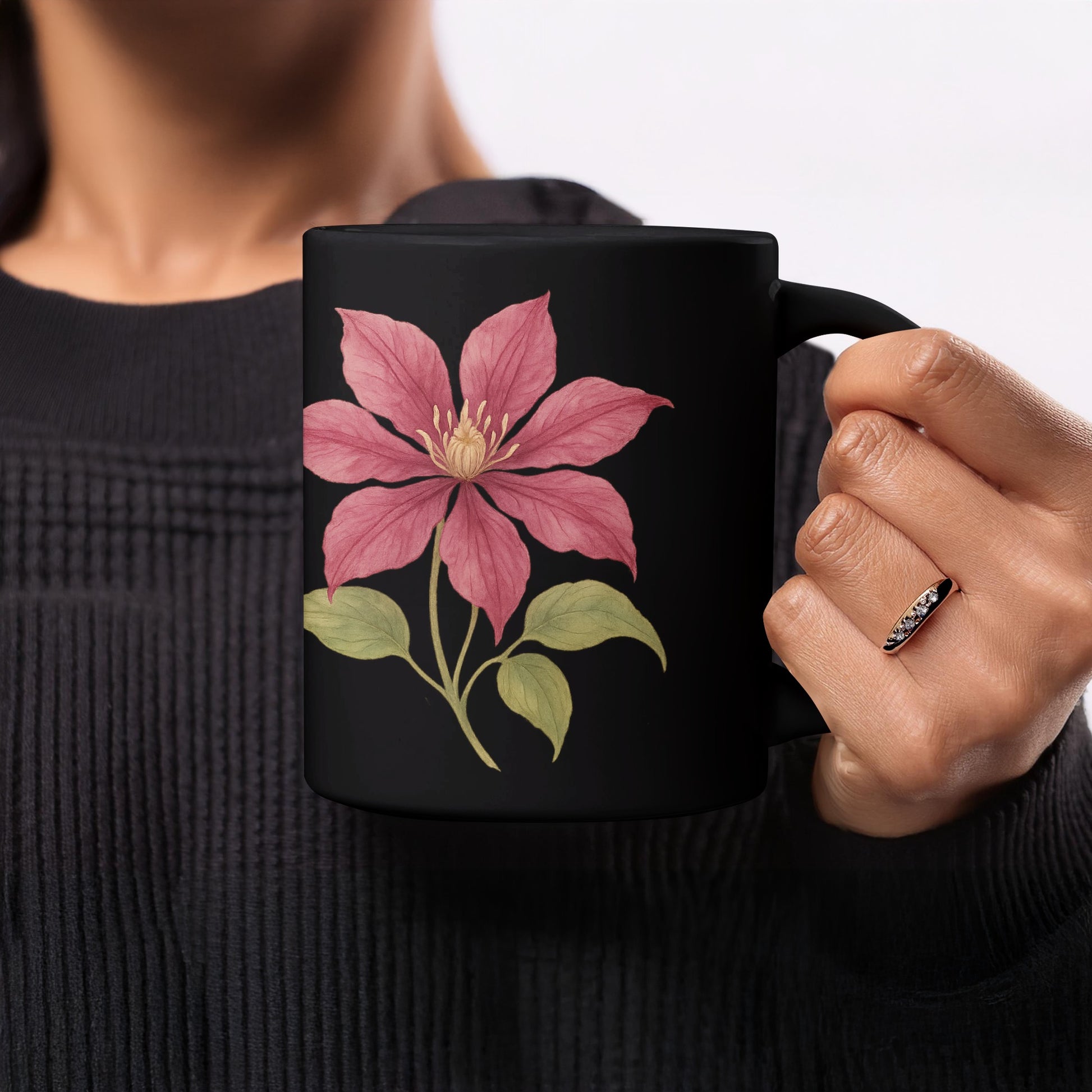 Pink Flower Design on Black Coffee Mug product type