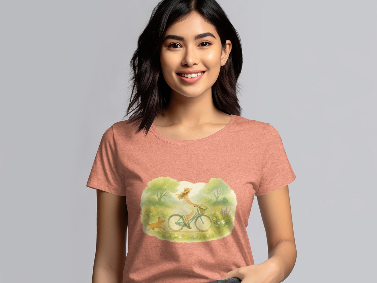 Woman on Bicycle with Dog Graphic T Shirt product
