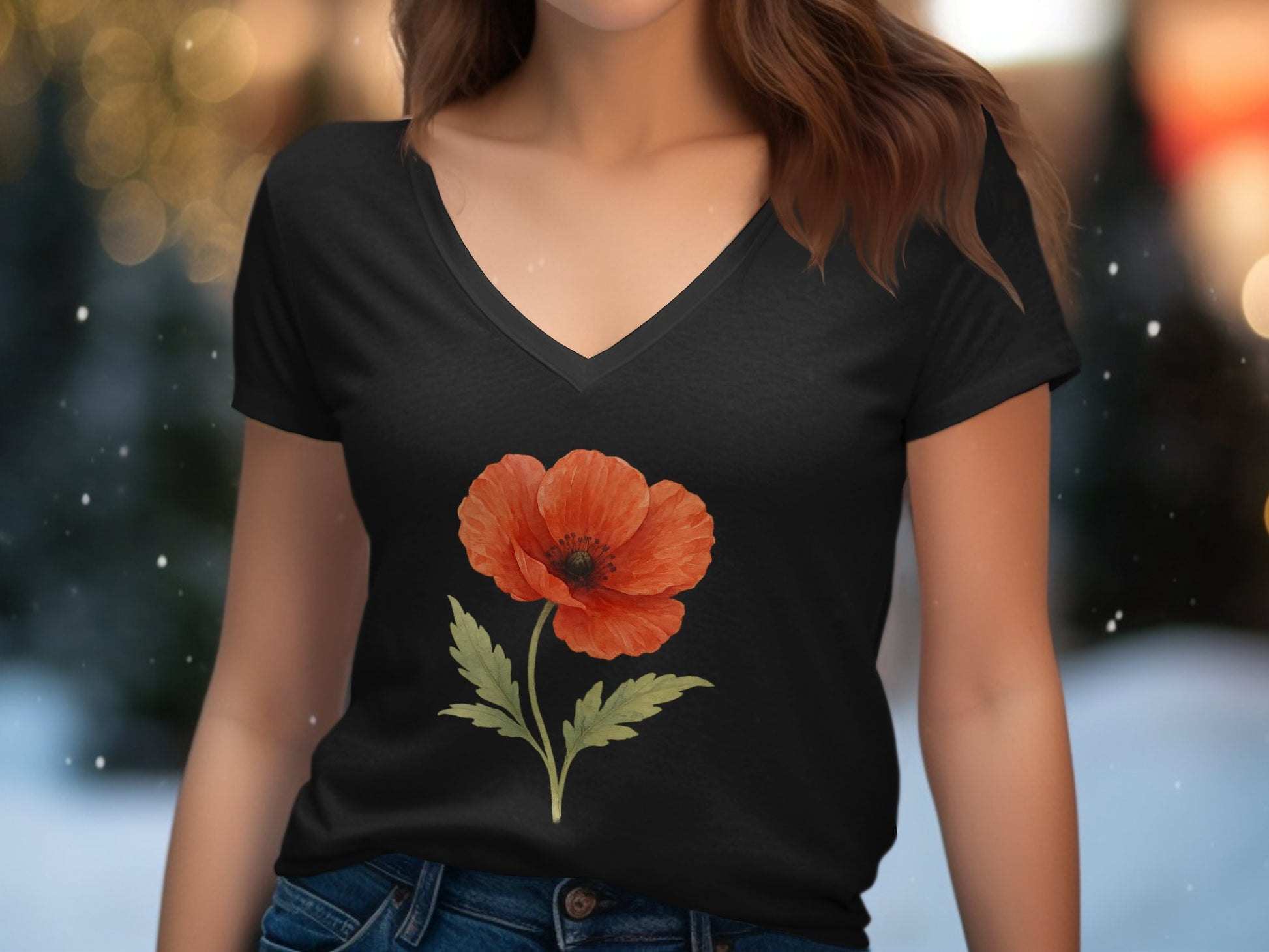 Beautiful Black V-Neck T-Shirt with Red Poppy product