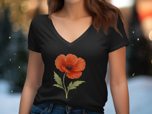 Beautiful Black V-Neck T-Shirt with Red Poppy product