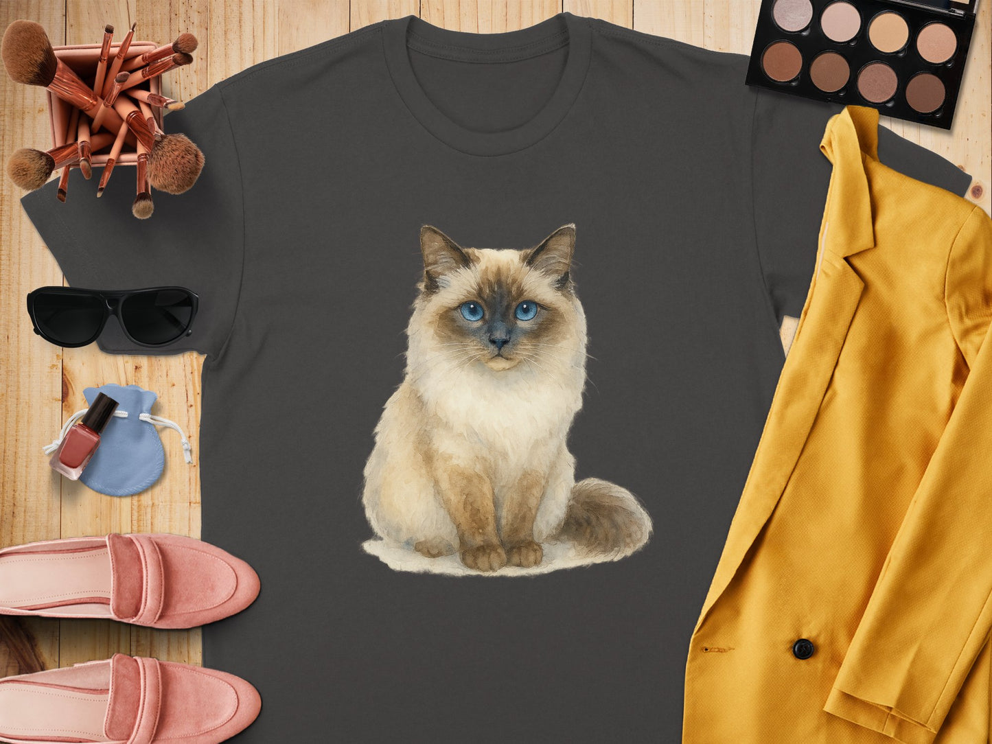 Cute Fluffy Cat with Blue Eyes Printed T-Shirt product