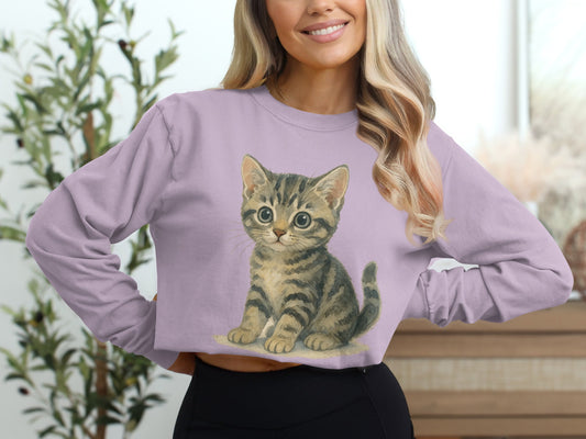 Adorable Kitten Printed Long Sleeve Crop Top product type