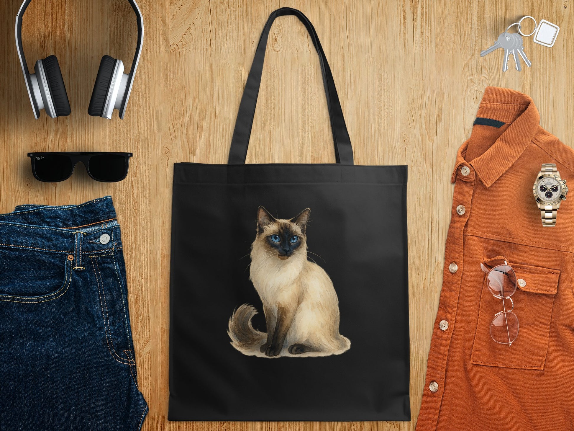 Elegant Black Tote Bag with Siamese Cat Print product