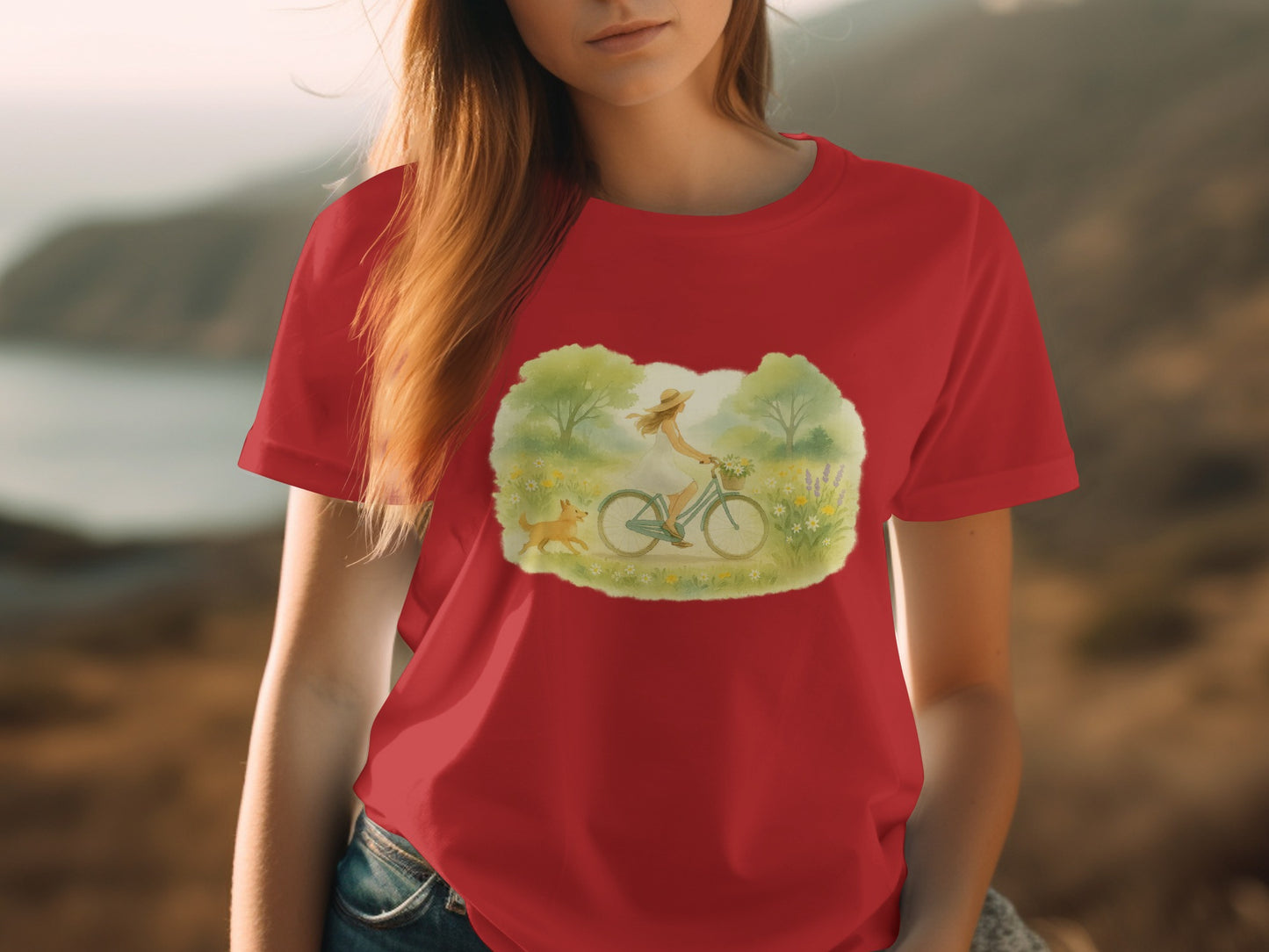 Red Short Sleeve Tee with Cycling Girl Design product type