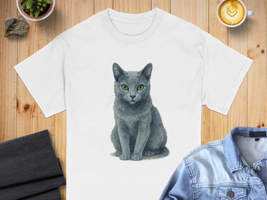 Cute Gray Cat Illustration on White T-Shirt product