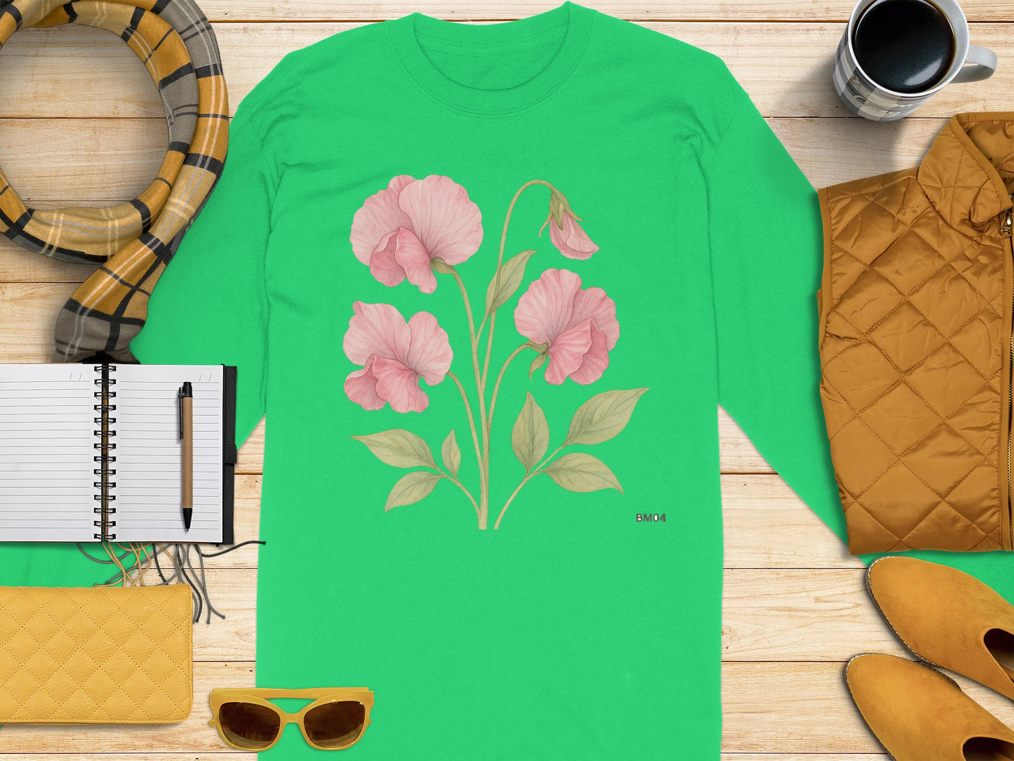Floral Pink Blooms on Green Long Sleeve Shirt product type