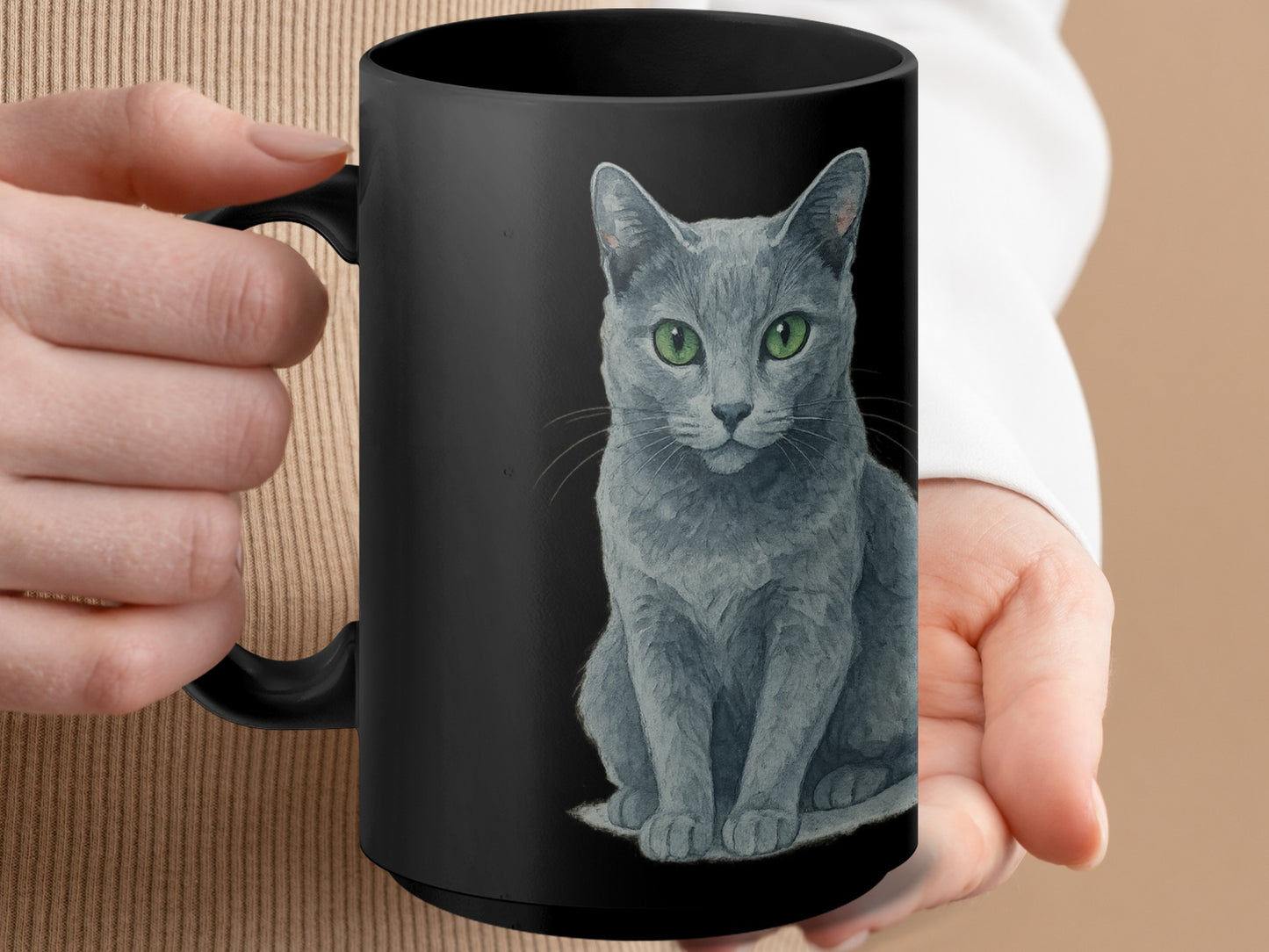 Realistic Gray Cat Illustration Black Mug product