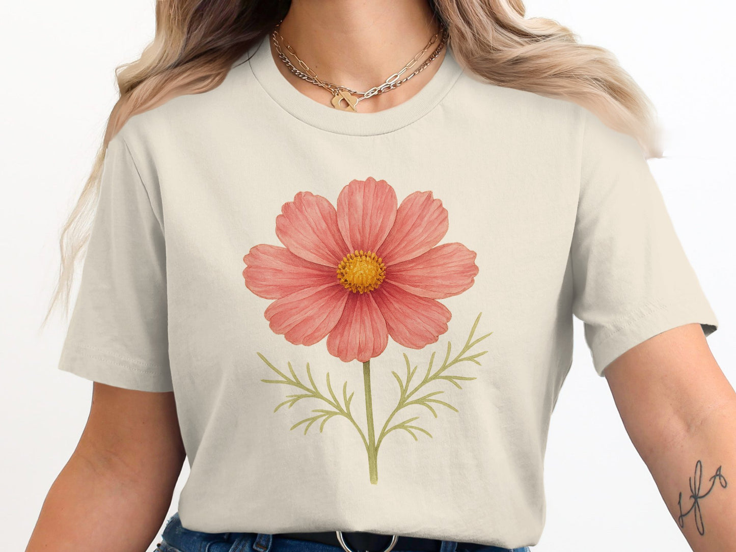 Pink Long Petaled Flower on White Shirt product type