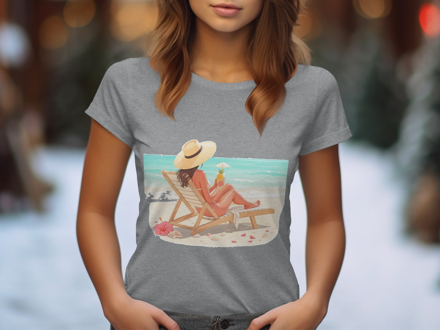 Relaxing Beach Scene with Woman on Gray Shirt product