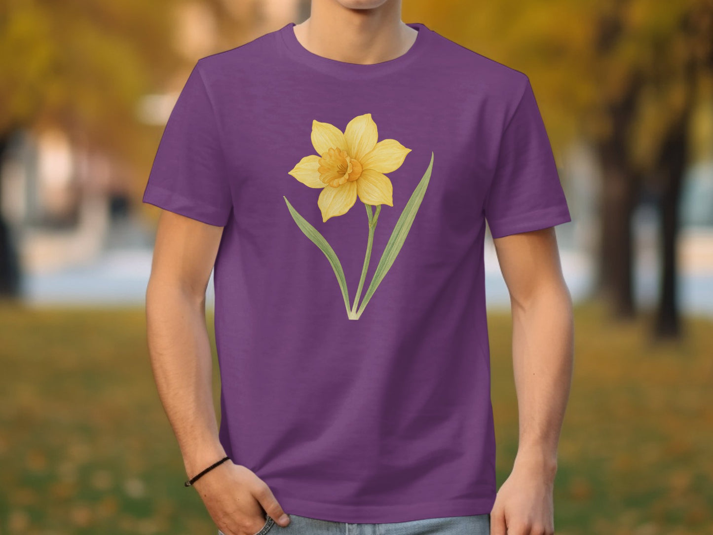 Bright Yellow Daffodil on Purple Graphic T-shirt product type