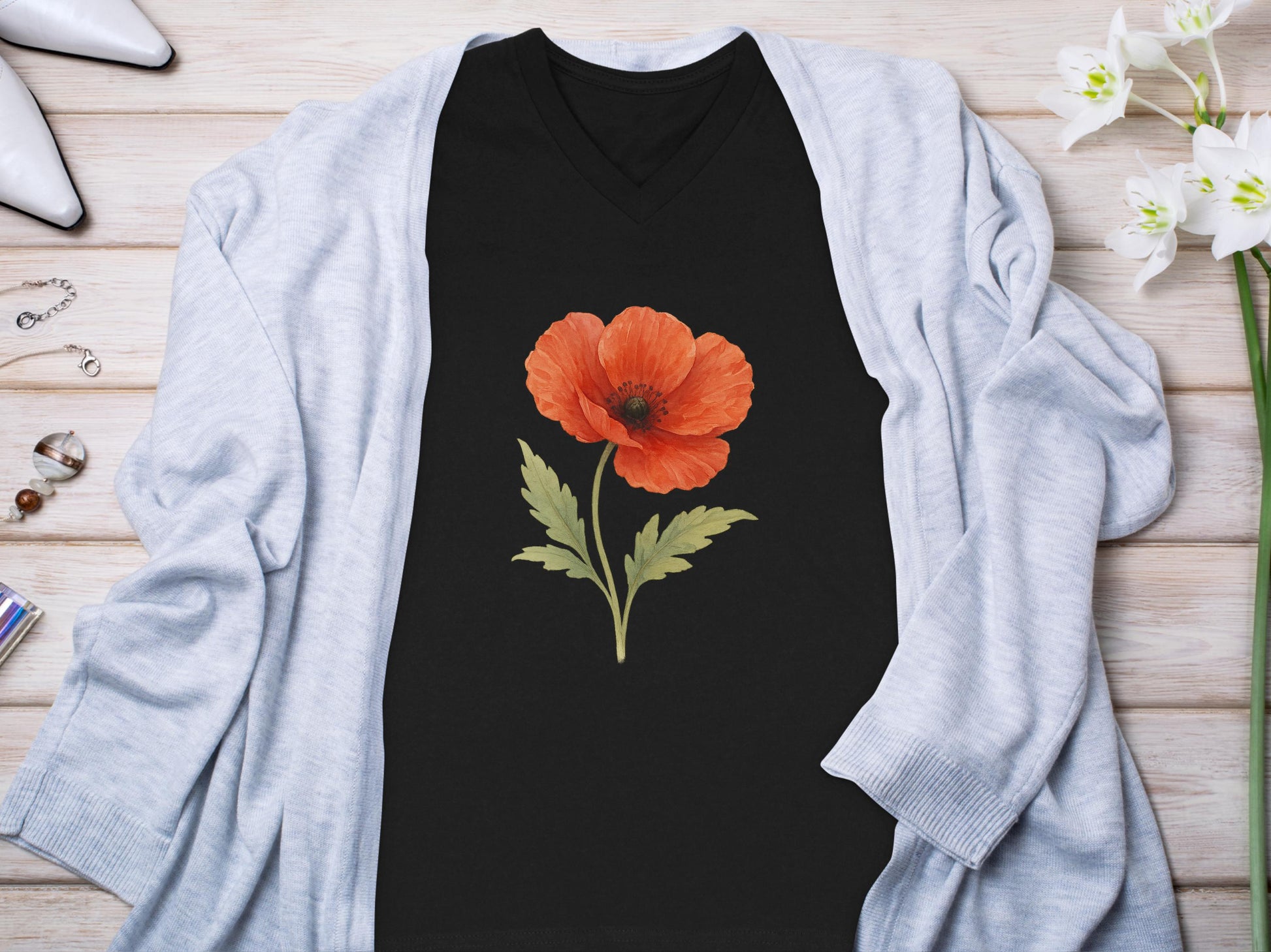 Elegant Black V Neck Tee with Orange Flower product type