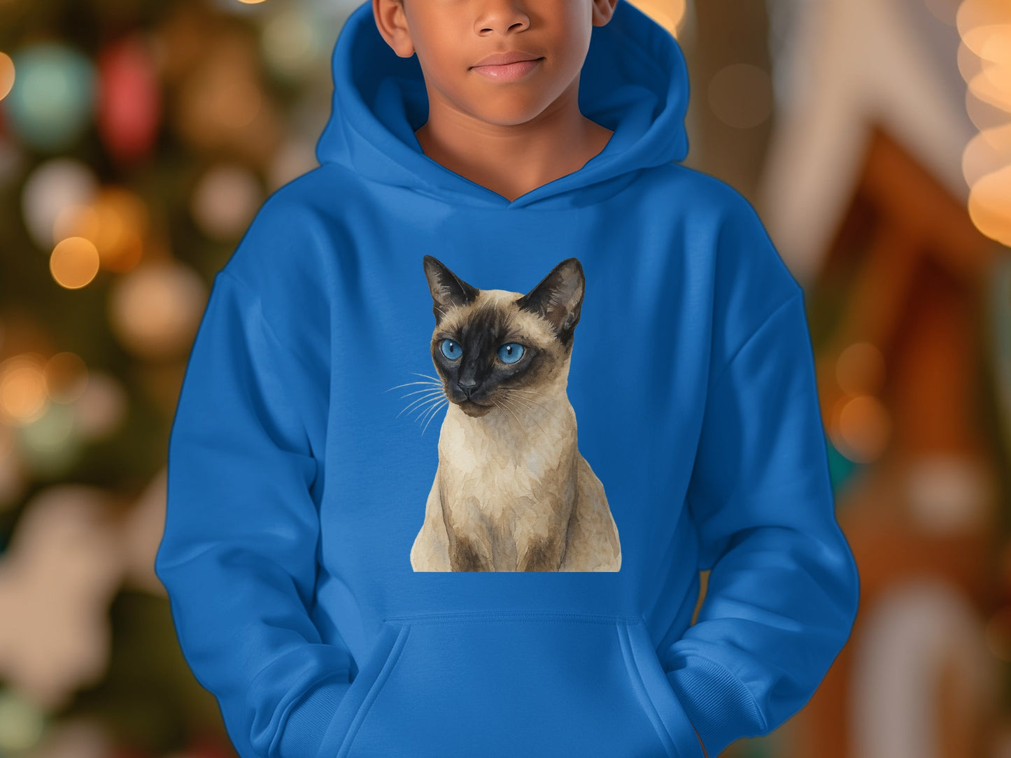 Vibrant Blue Hoodie with Detailed Cat Print product type