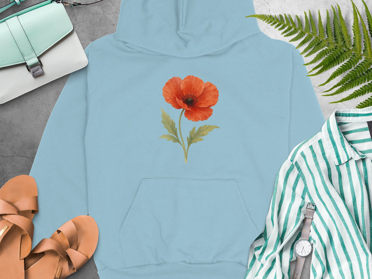 Vibrant Red Poppy Flower Design on Blue Hoodie product