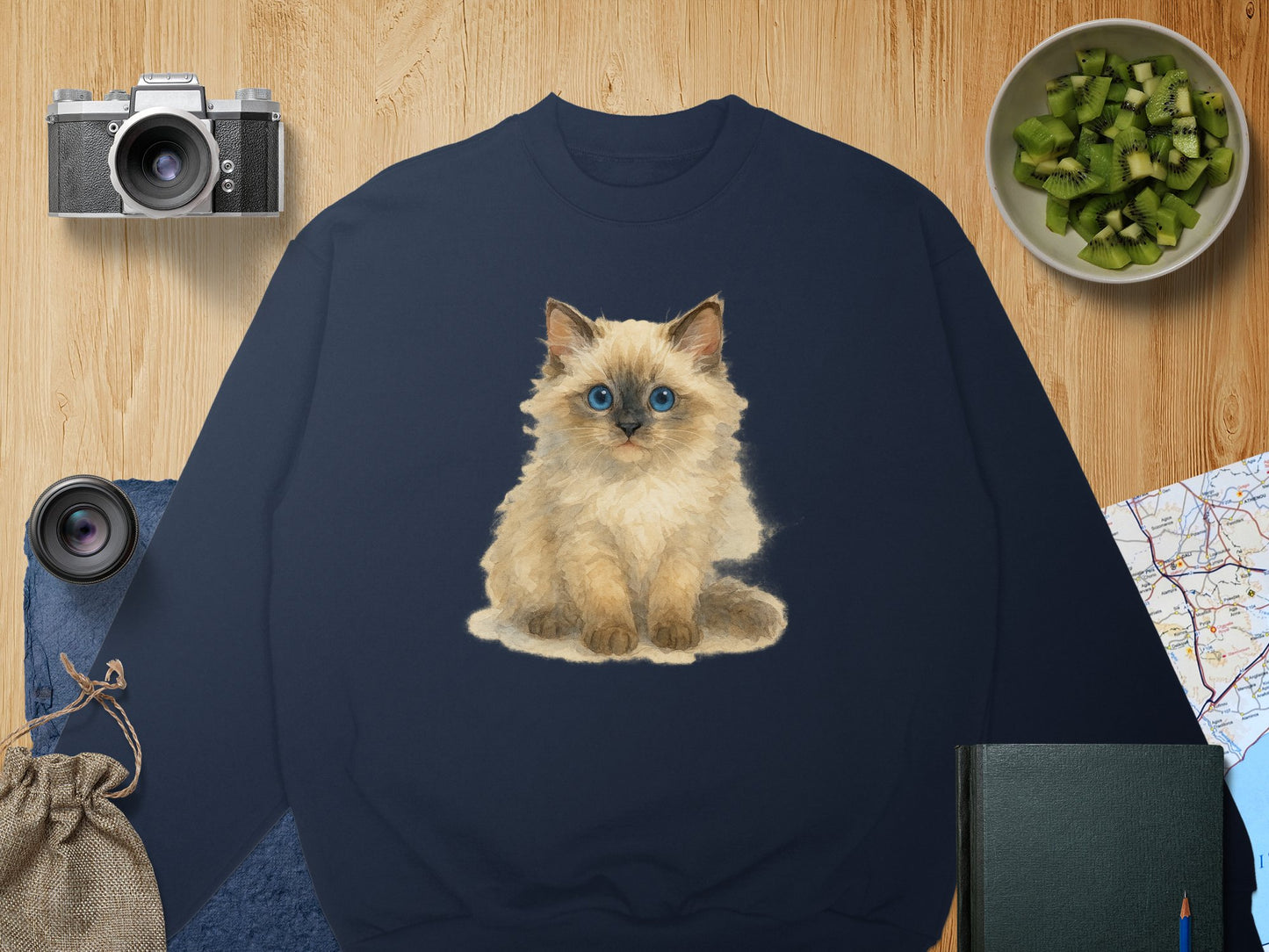 Cute Fluffy Kitten Illustration on Dark Blue Sweatshirt product
