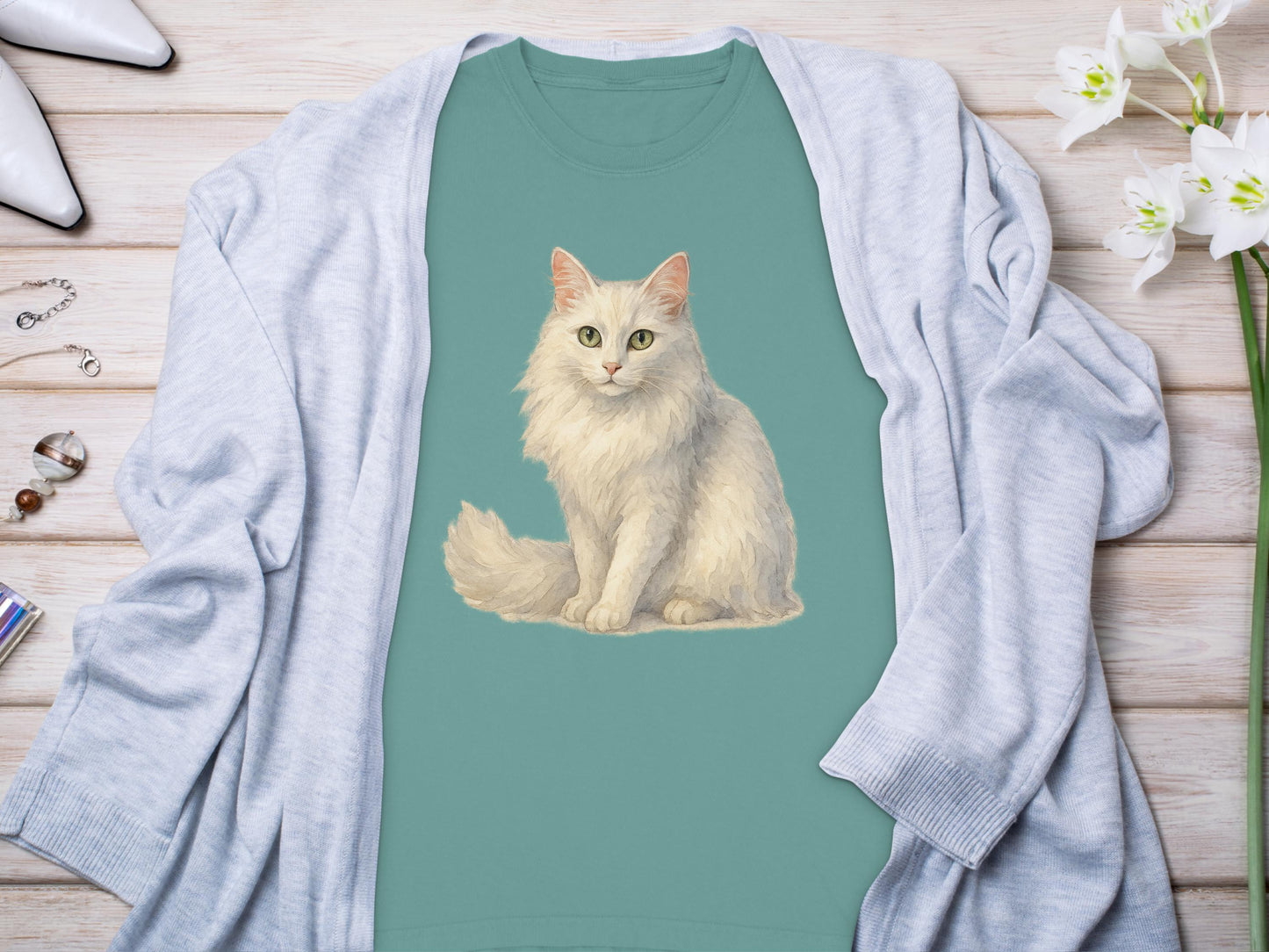 Elegant White Long-Haired Cat Graphic Tee Shirt product type