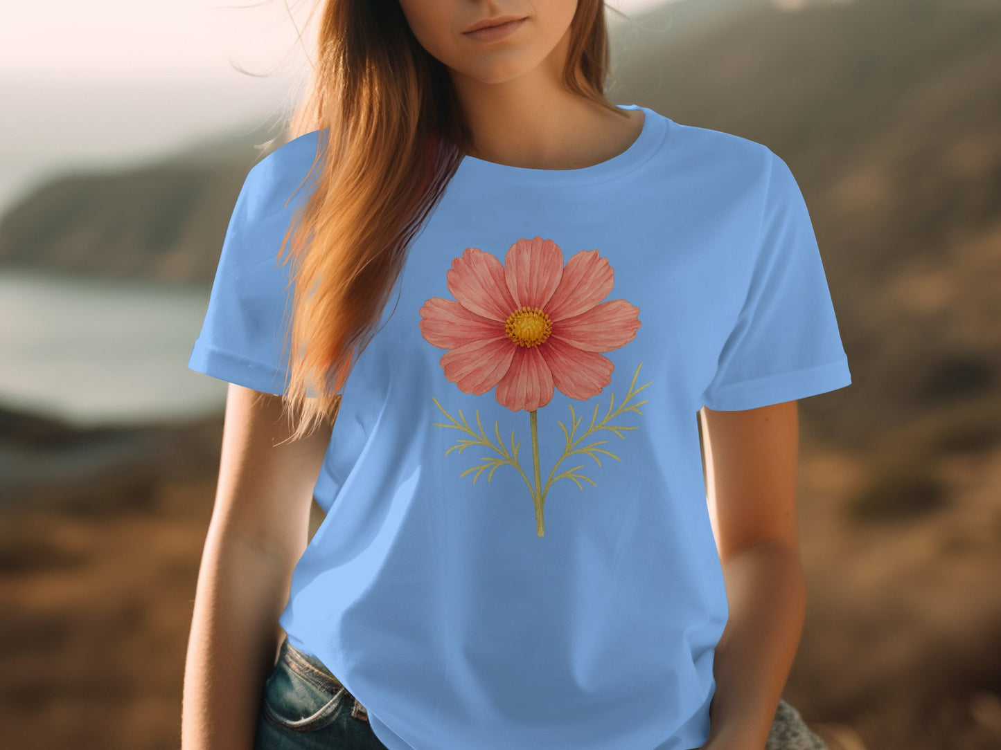 Beautiful Pink Flower Design on Blue Background T-shirt product