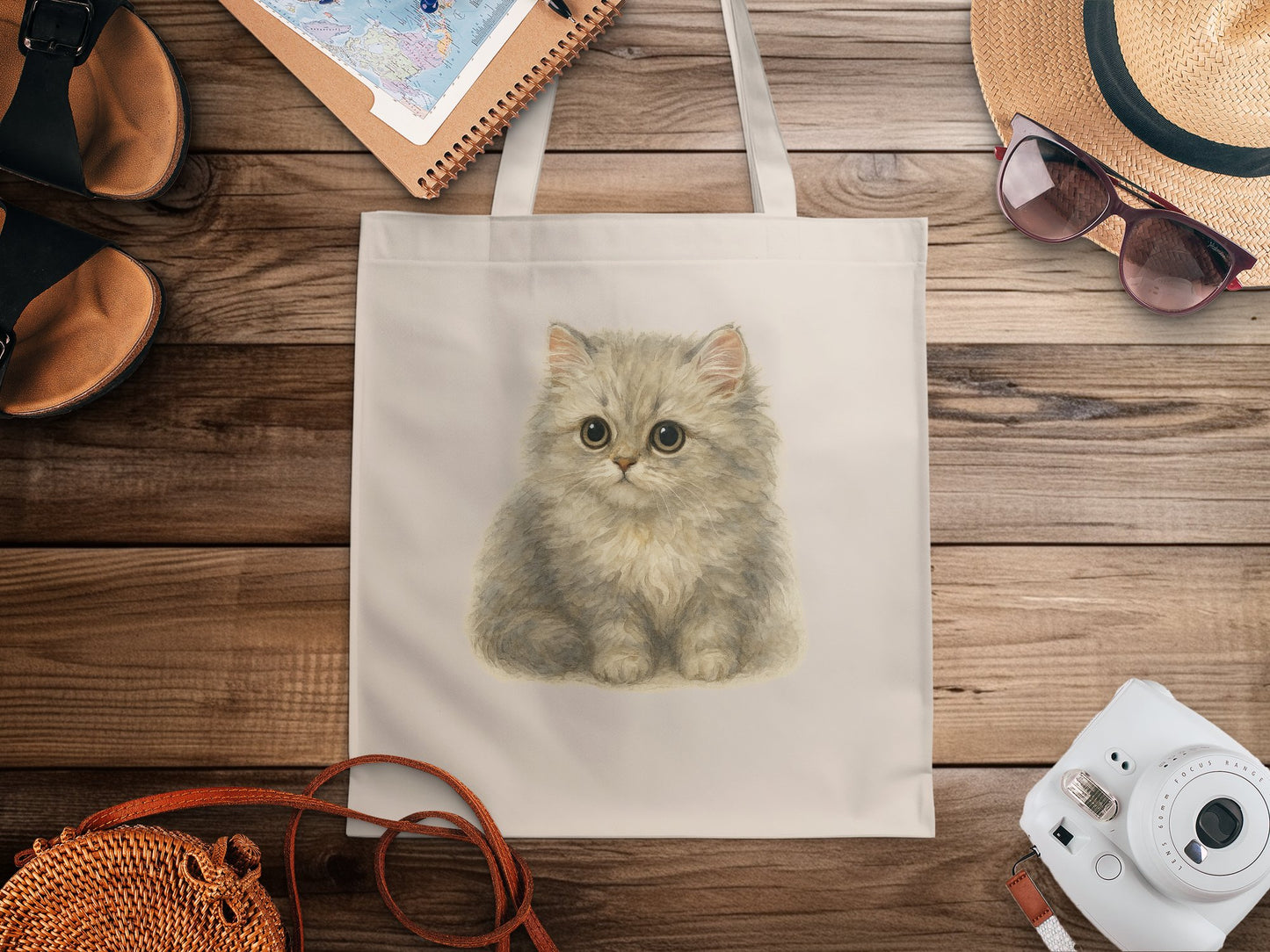Cute Fluffy Kitten Illustration on Tote Bag product type