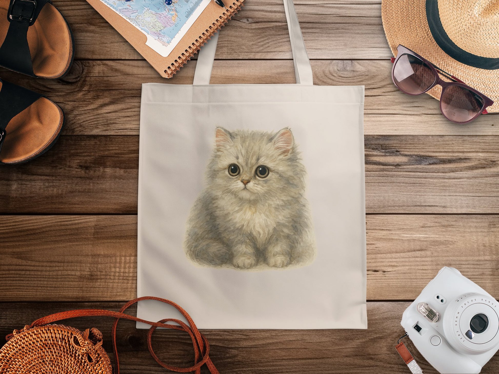 Cute Fluffy Kitten Illustration on Tote Bag product type