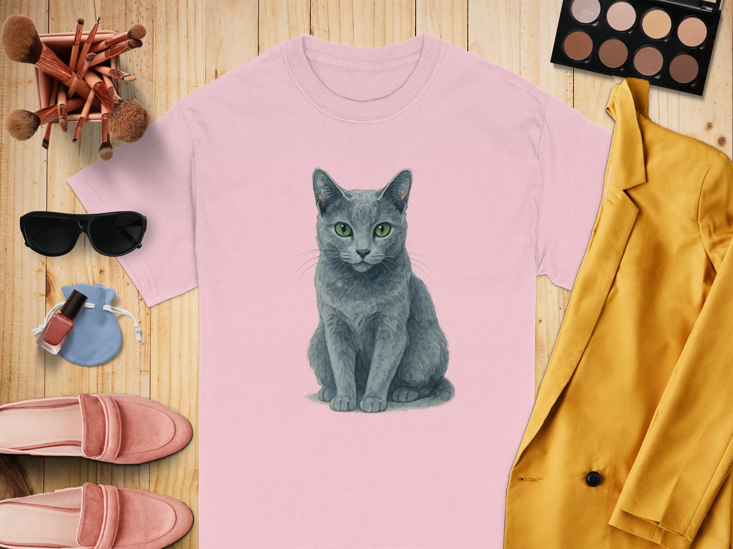 Cute Gray Cat Illustration on Pink T-shirt product type