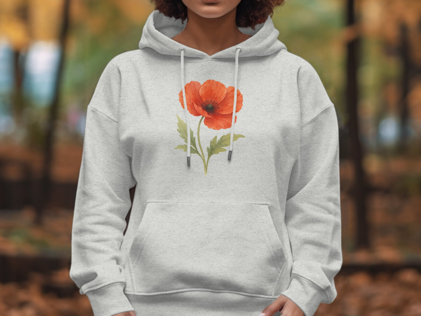 Cozy Gray Hoodie Featuring Vibrant Red Poppy Flower product
