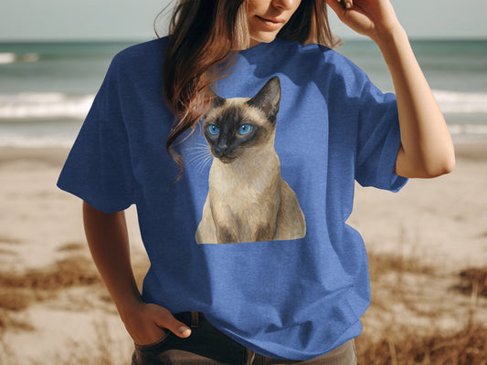 Blue T-Shirt with Detailed Siamese Cat Print product