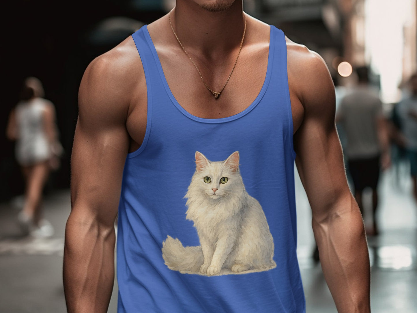 White Fluffy Cat Design on Blue Tank Top product