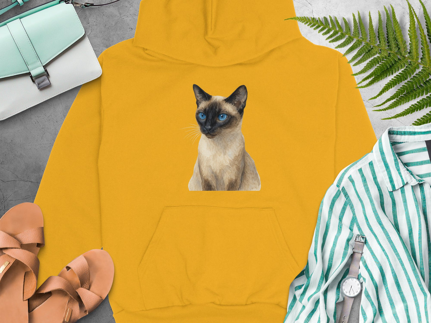Mustard Yellow Hoodie Featuring Siamese Cat product