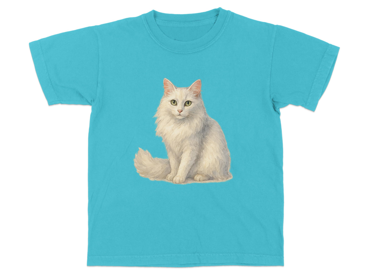 Adorable White Cat Print on Blue T-shirt product type