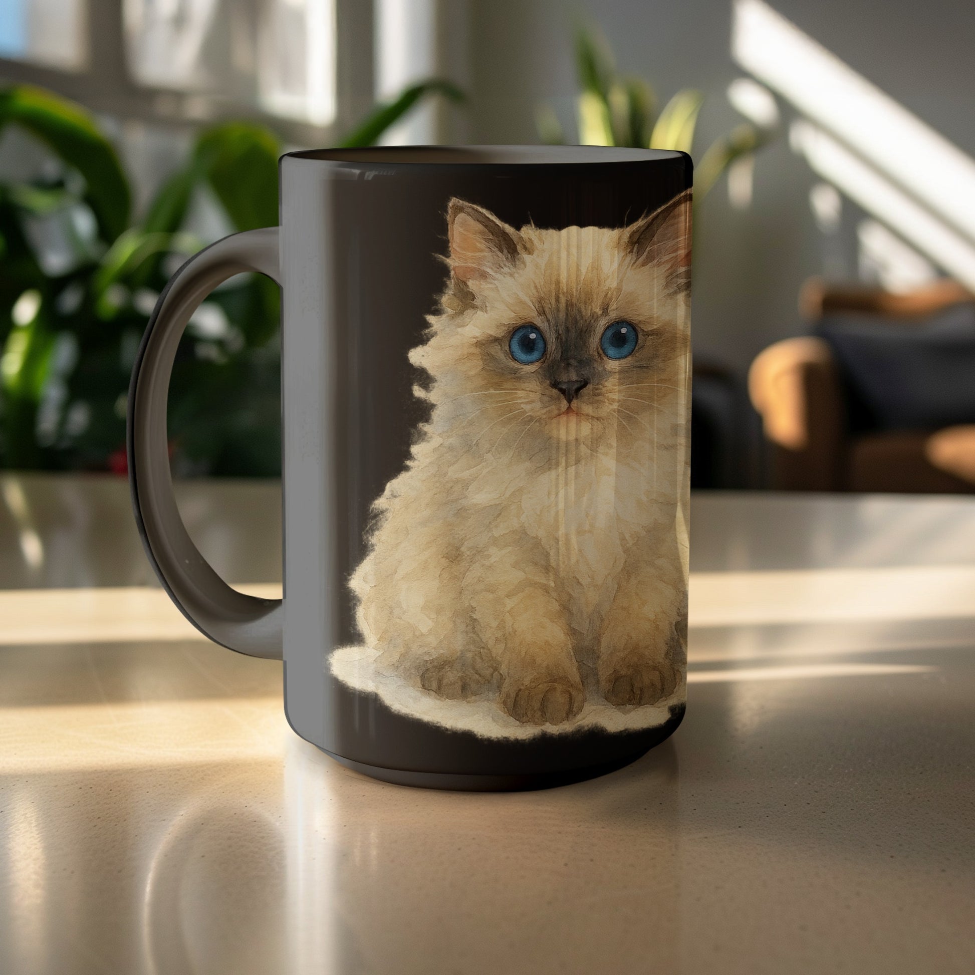 Cute Fluffy Kitten Illustration Black Coffee Mug product type