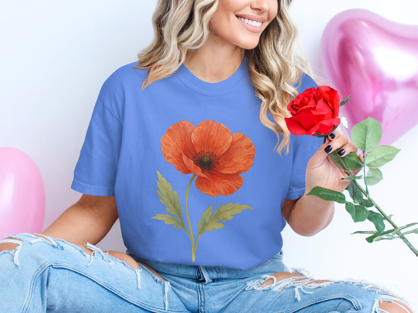 Red Poppy Flower Graphic on Blue Casual T-Shirt product