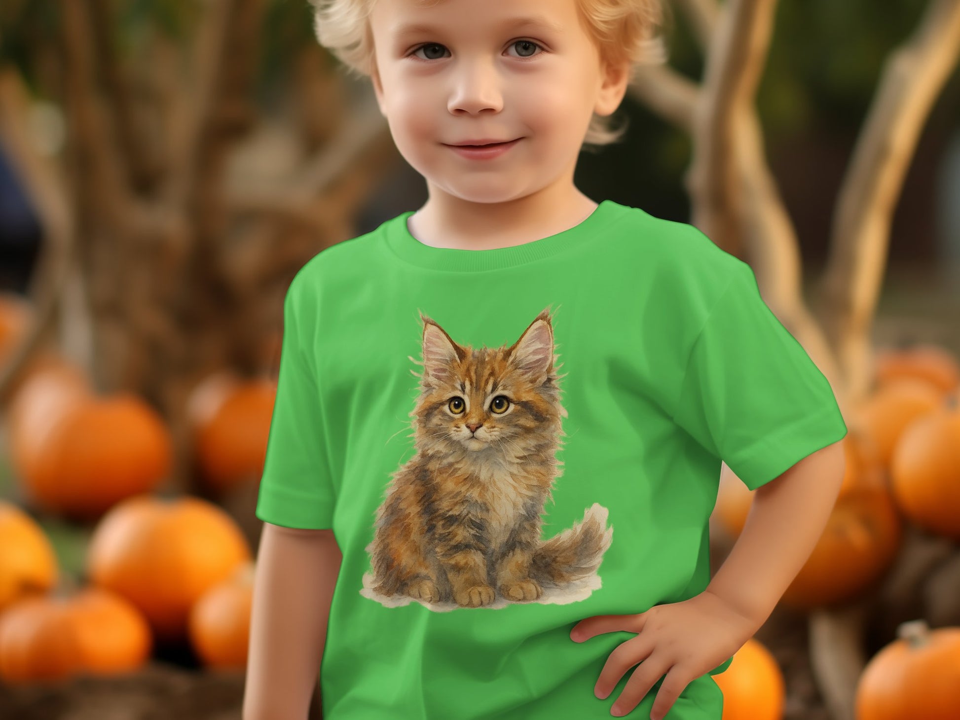 Adorable Cat with Pumpkins Graphic Green T-Shirt product