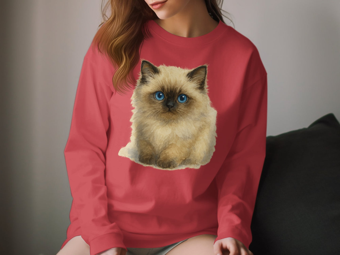 Red Sweatshirt Featuring Cute Blue Eyed Cat Graphic product type
