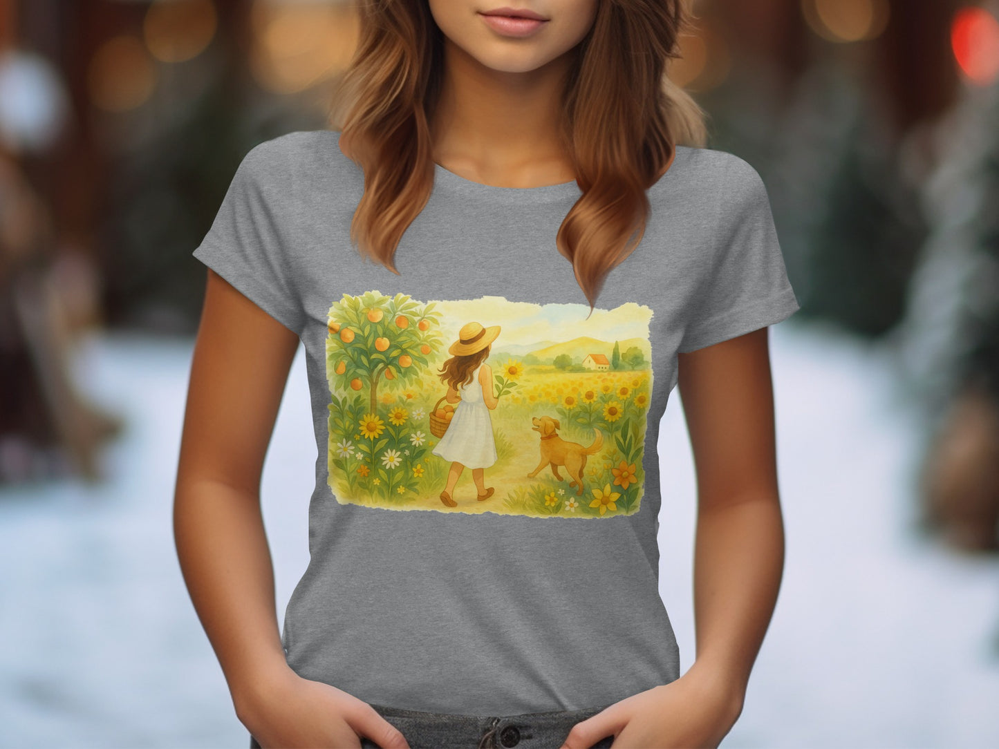 Whimsical Girl Walking with Dog in Field T-Shirt product type