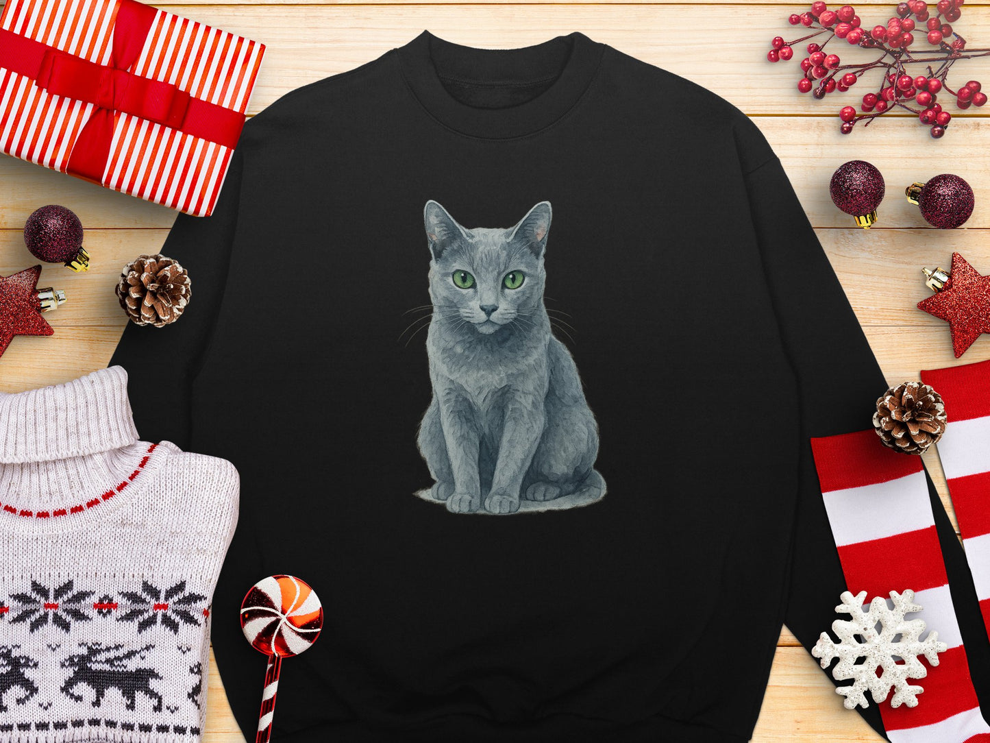 Cute Green Eyed Cat Print Holiday Sweater product type