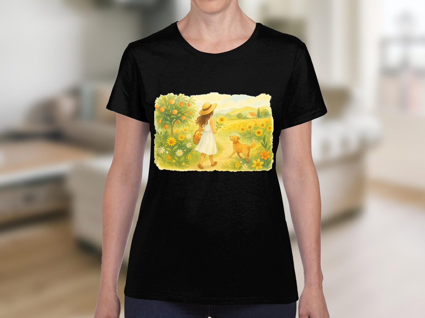 Girl in Sunflower Field with Dog T-Shirt product type