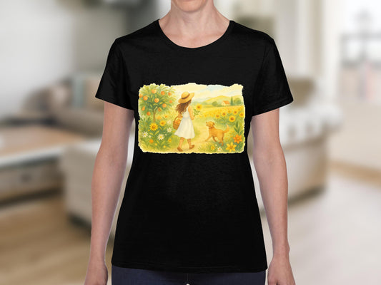 Girl in Sunflower Field with Dog T-Shirt product type