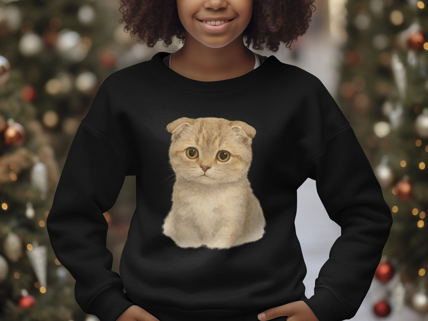 Cute Scottish Fold Kitten Print Black Sweatshirt product