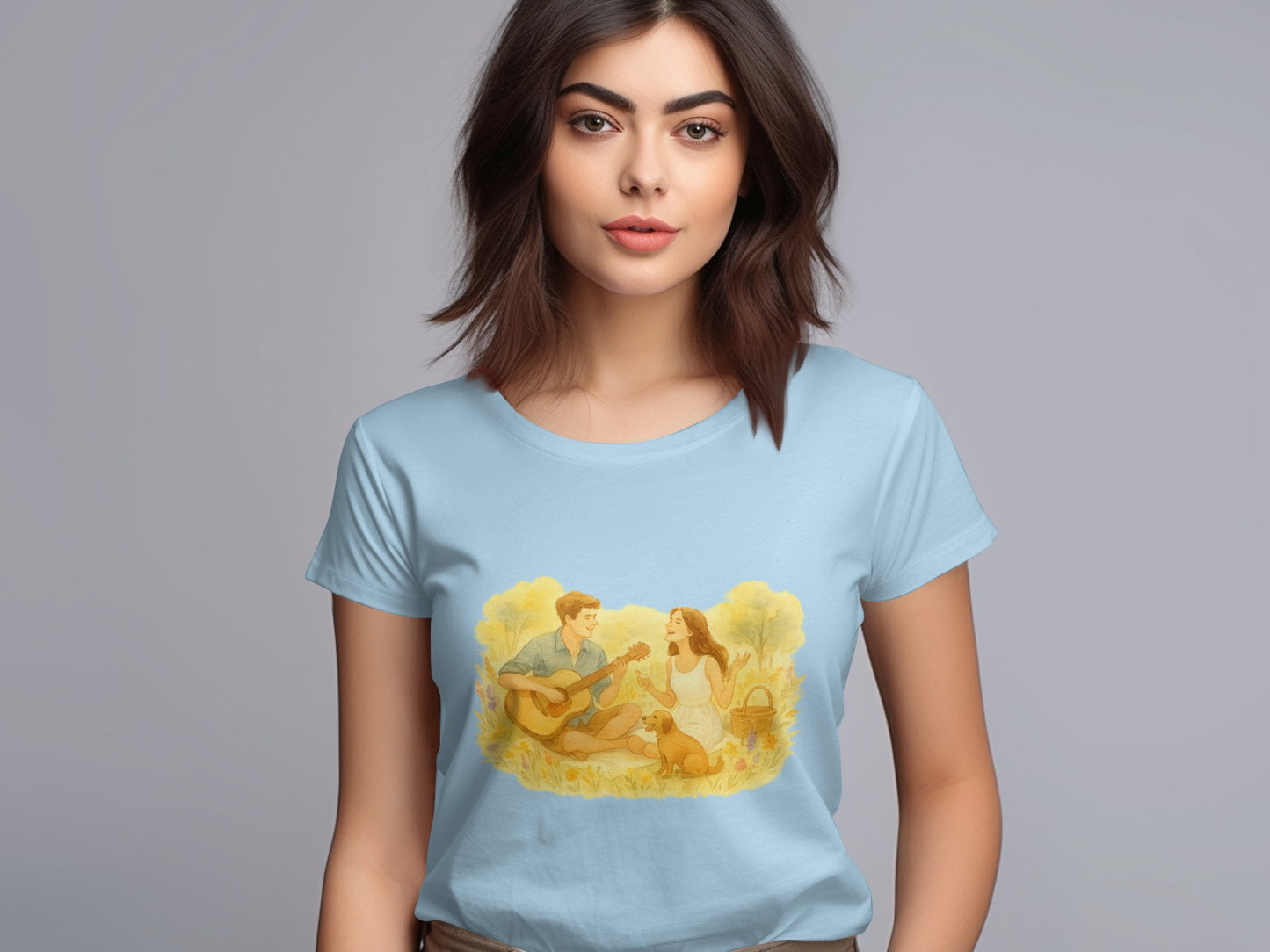 Serene couple in nature printed on casual tee product type