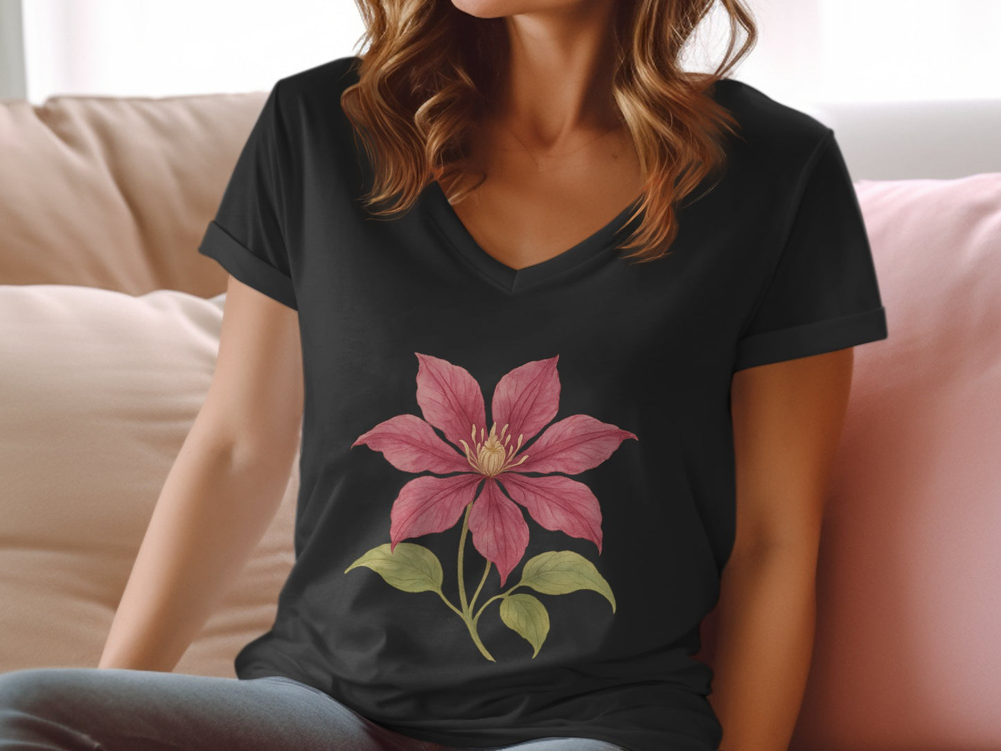V-Neck Top with Beautiful Pink Flower Design product