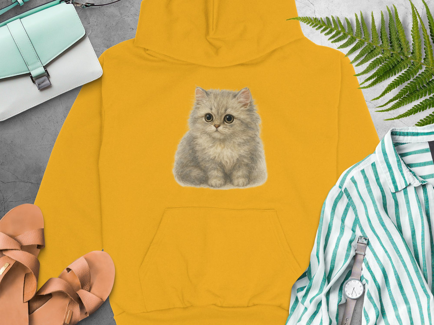 Cute Fluffy Kitten Print Yellow Hoodie product type