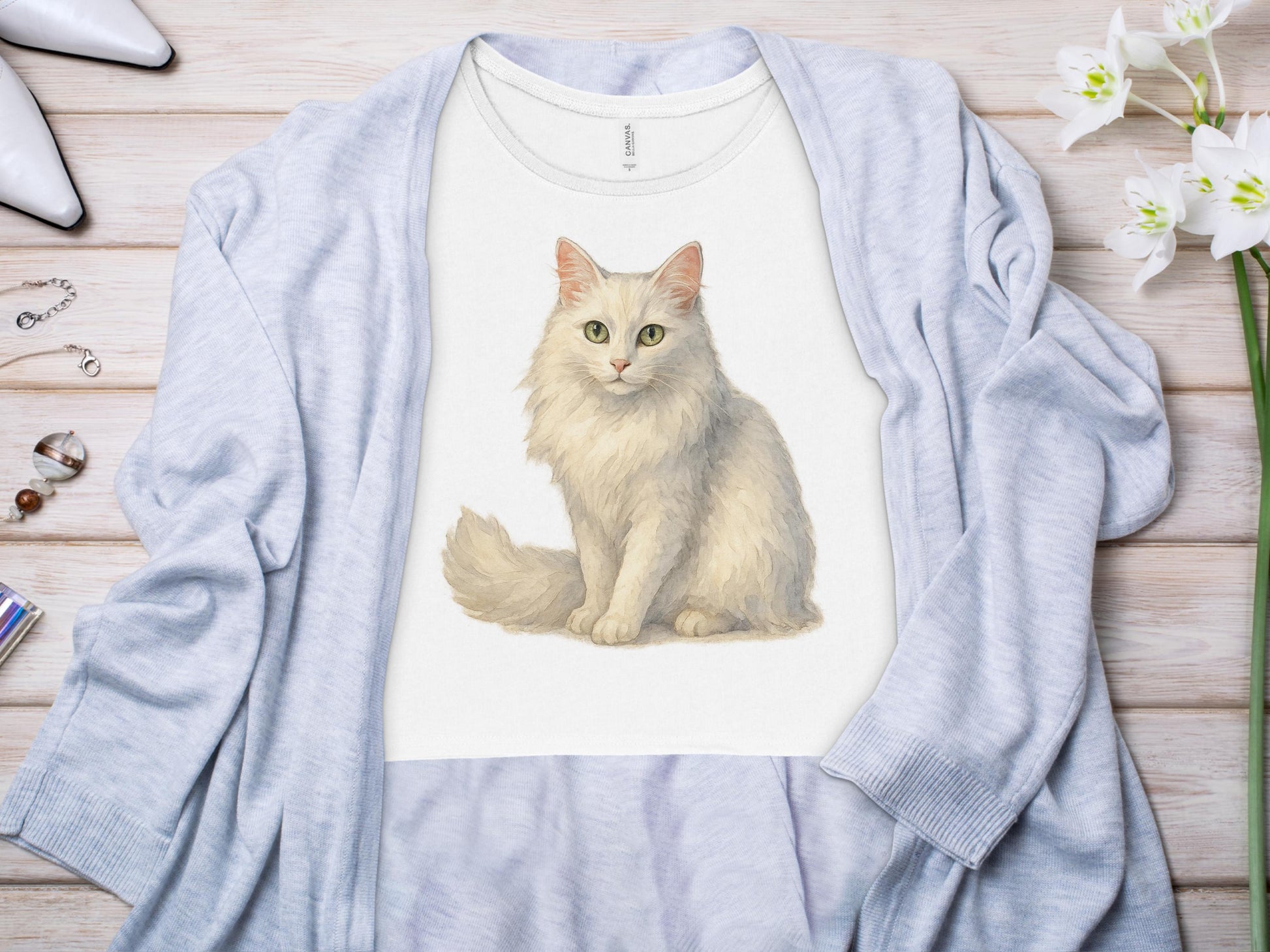 Cute Fluffy White Cat Illustration T-Shirt product type